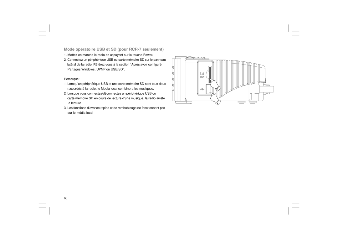 Sangean Electronics RCR-8WF, RCR-7WF manual Mode opératoire USB et SD pour RCR-7 seulement 