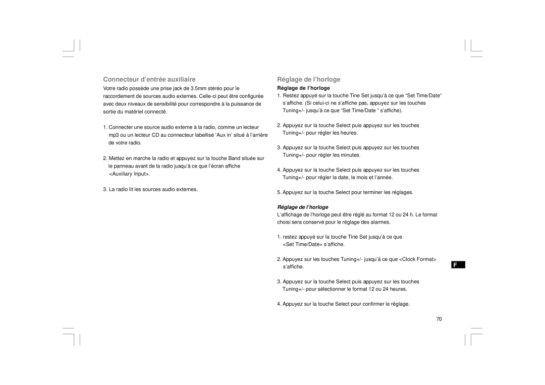 Sangean Electronics RCR-7WF, RCR-8WF manual Connecteur d’entrée auxiliaire, Réglage de l’horloge 