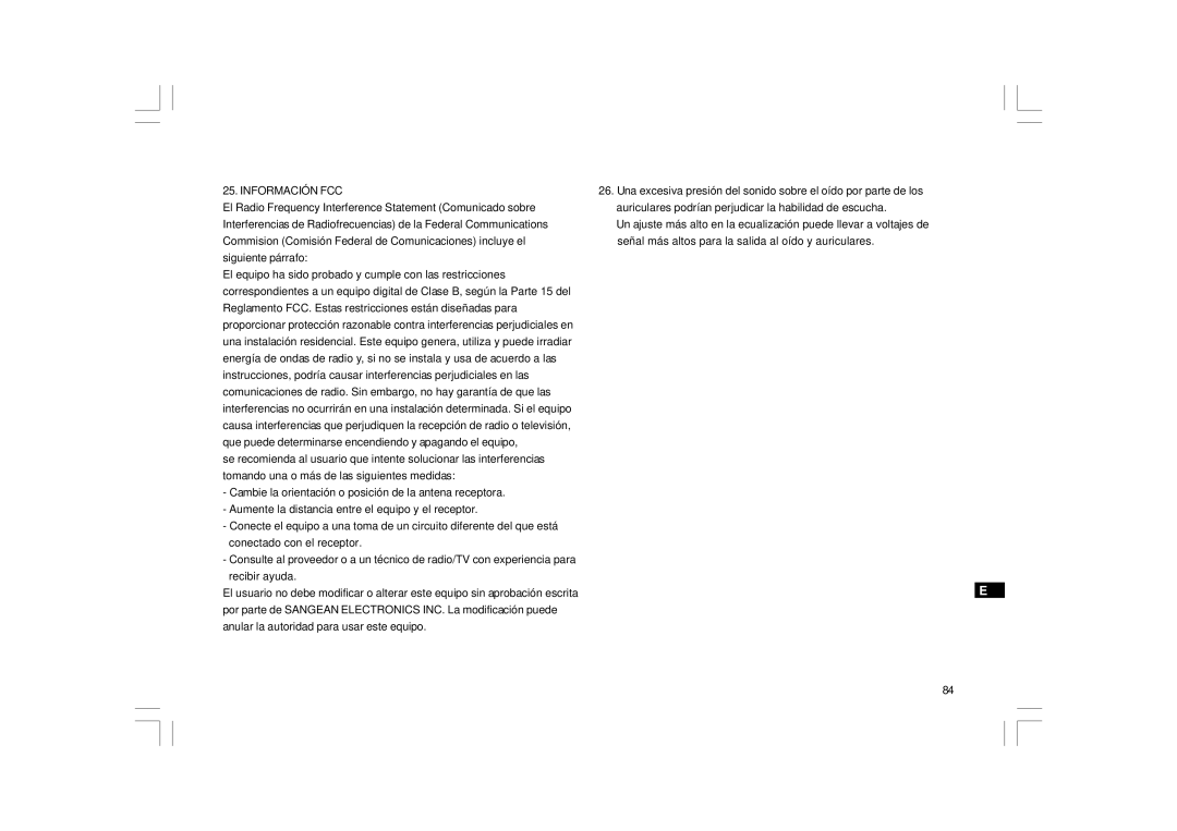 Sangean Electronics RCR-7WF, RCR-8WF manual Información FCC 