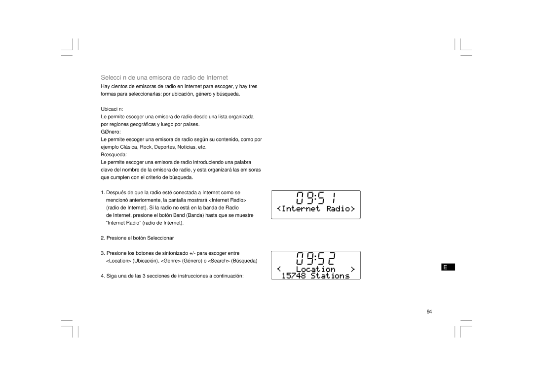 Sangean Electronics RCR-7WF, RCR-8WF manual Selección de una emisora de radio de Internet, Ubicación, Género, Búsqueda 