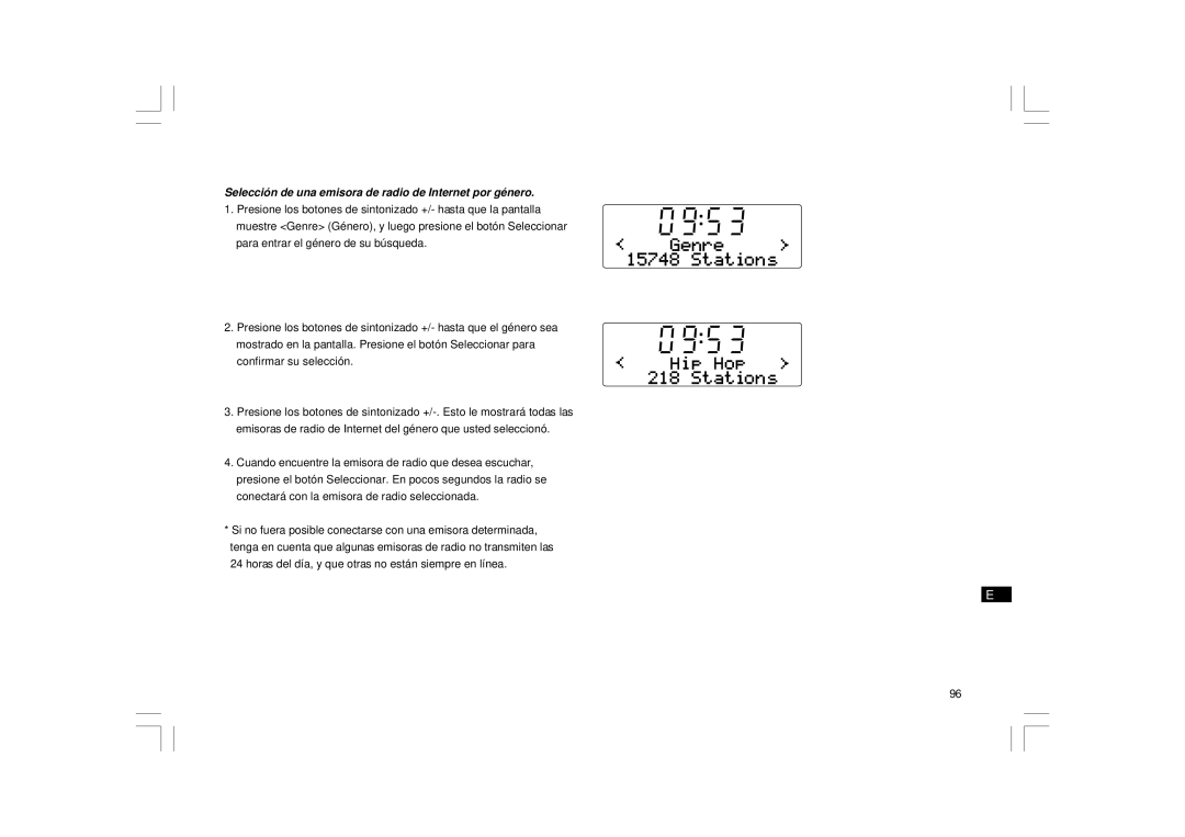 Sangean Electronics RCR-7WF, RCR-8WF manual Selección de una emisora de radio de Internet por género 