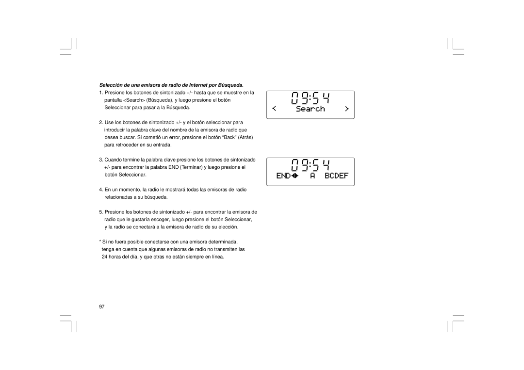 Sangean Electronics RCR-8WF, RCR-7WF manual Selección de una emisora de radio de Internet por Búsqueda 