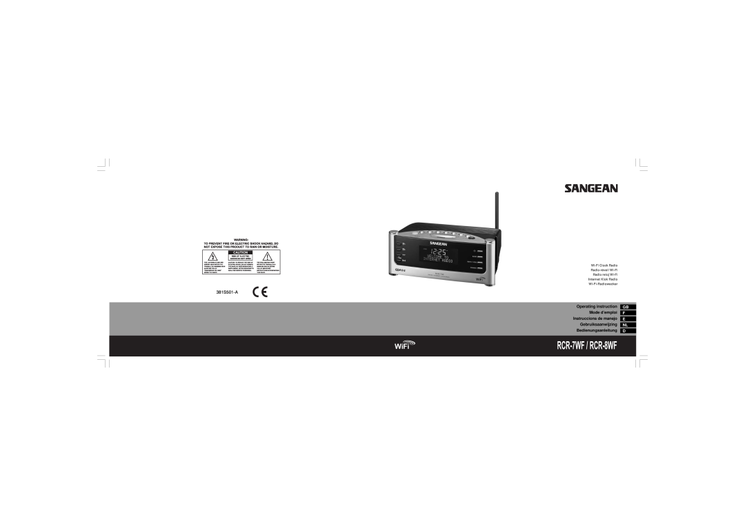 Sangean Electronics RCR-7WF, RCR-8WF manual 381S501-A, Gb F E Nl D, Wi-Fi Clock Radio Radio-réveil Wi-Fi Radio reloj Wi-Fi 