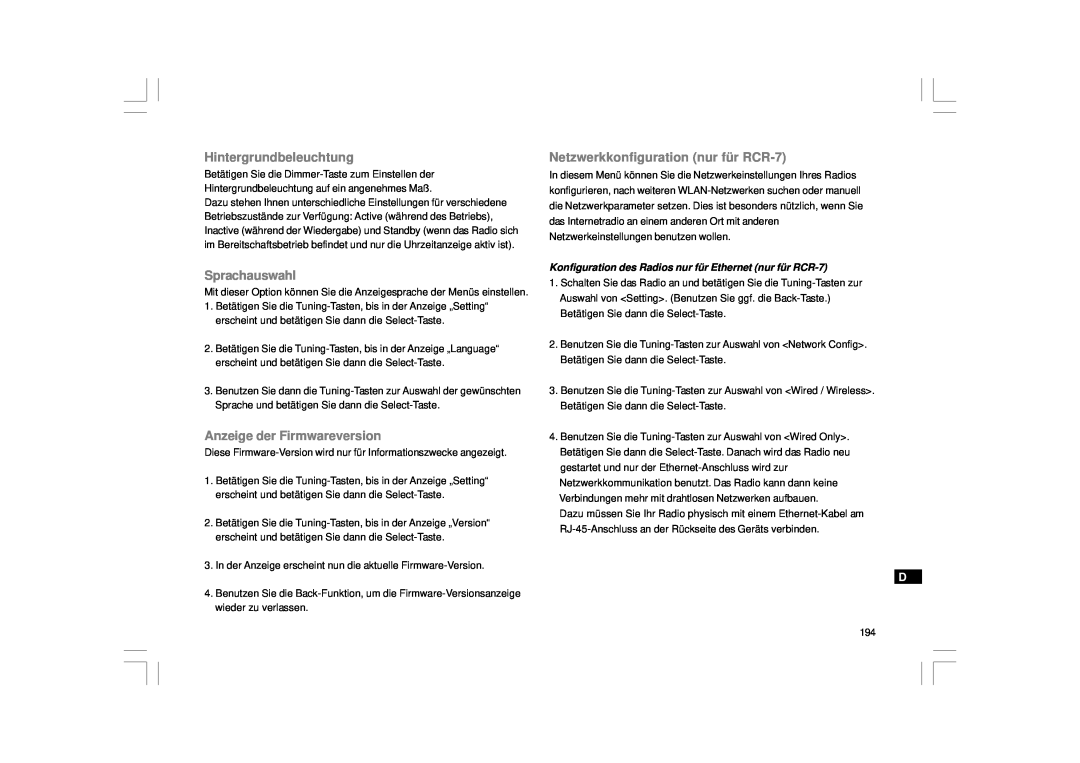 Sangean Electronics RCR-7WF, RCR-8WF manual Hintergrundbeleuchtung, Sprachauswahl, Anzeige der Firmwareversion 