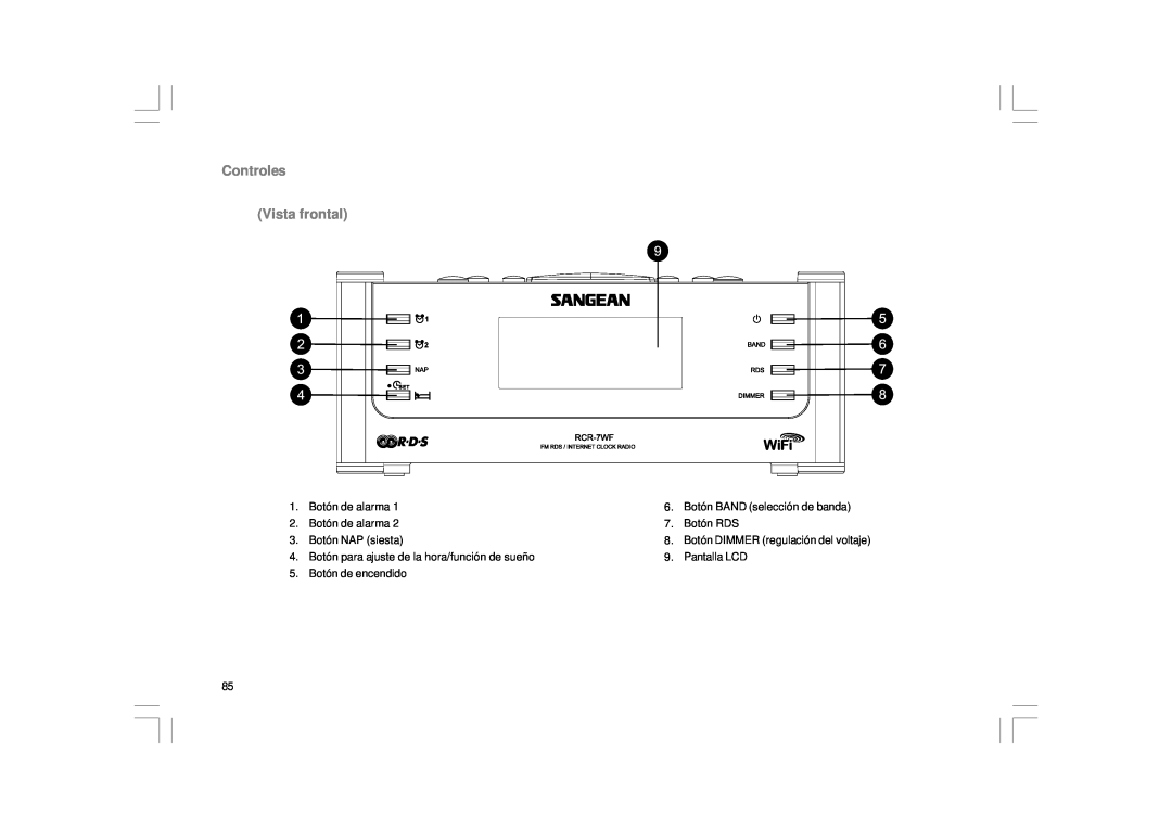 Sangean Electronics RCR-8WF, RCR-7WF manual Controles Vista frontal, Botón DIMMER regulación del voltaje 