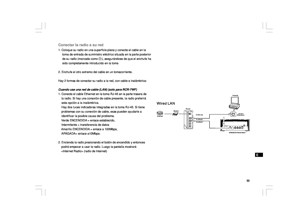 Sangean Electronics RCR-8WF manual Conectar la radio a su red, Cuando use una red de cable LAN solo para RCR-7WF 
