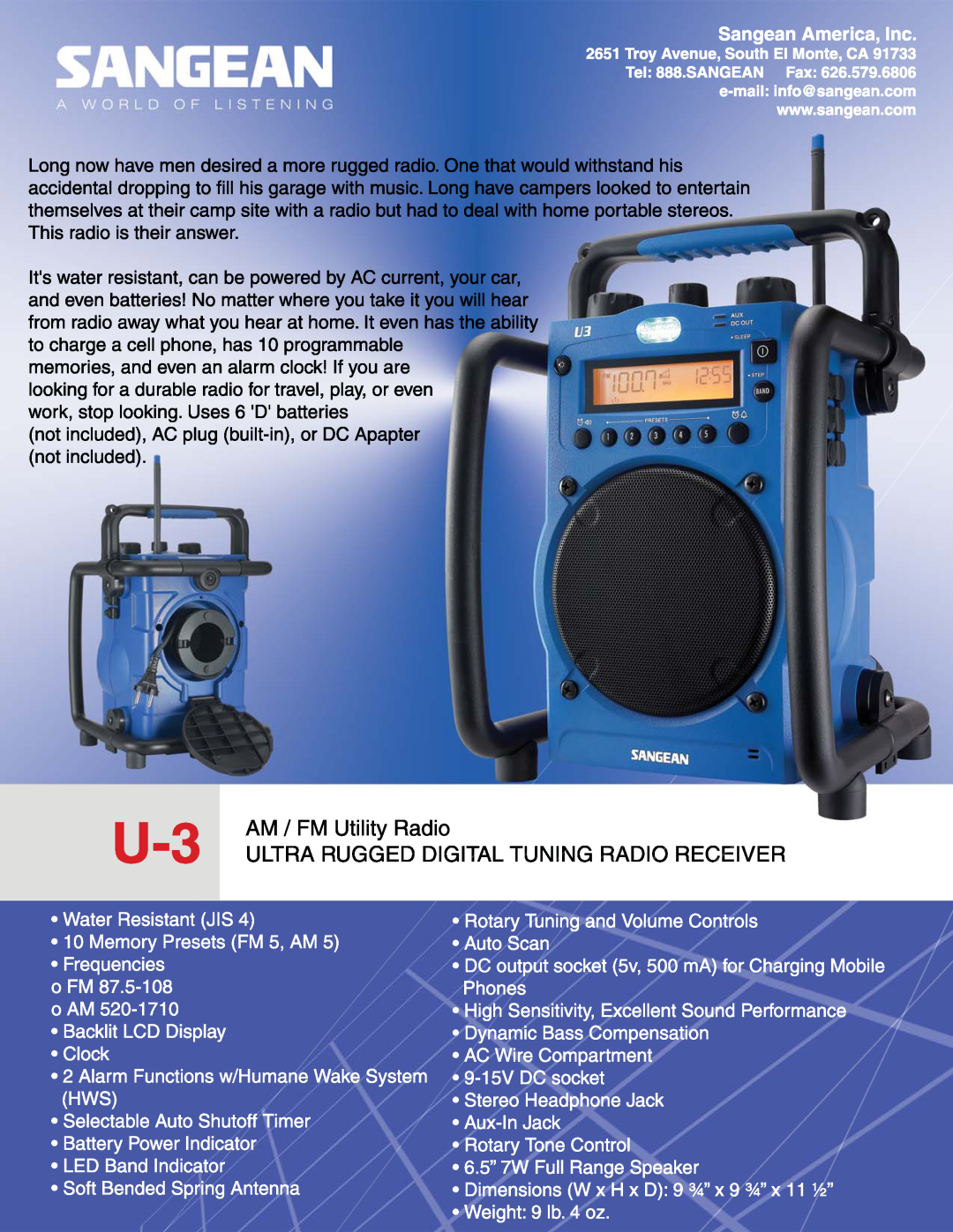 Sangean Electronics U-3 manual 
