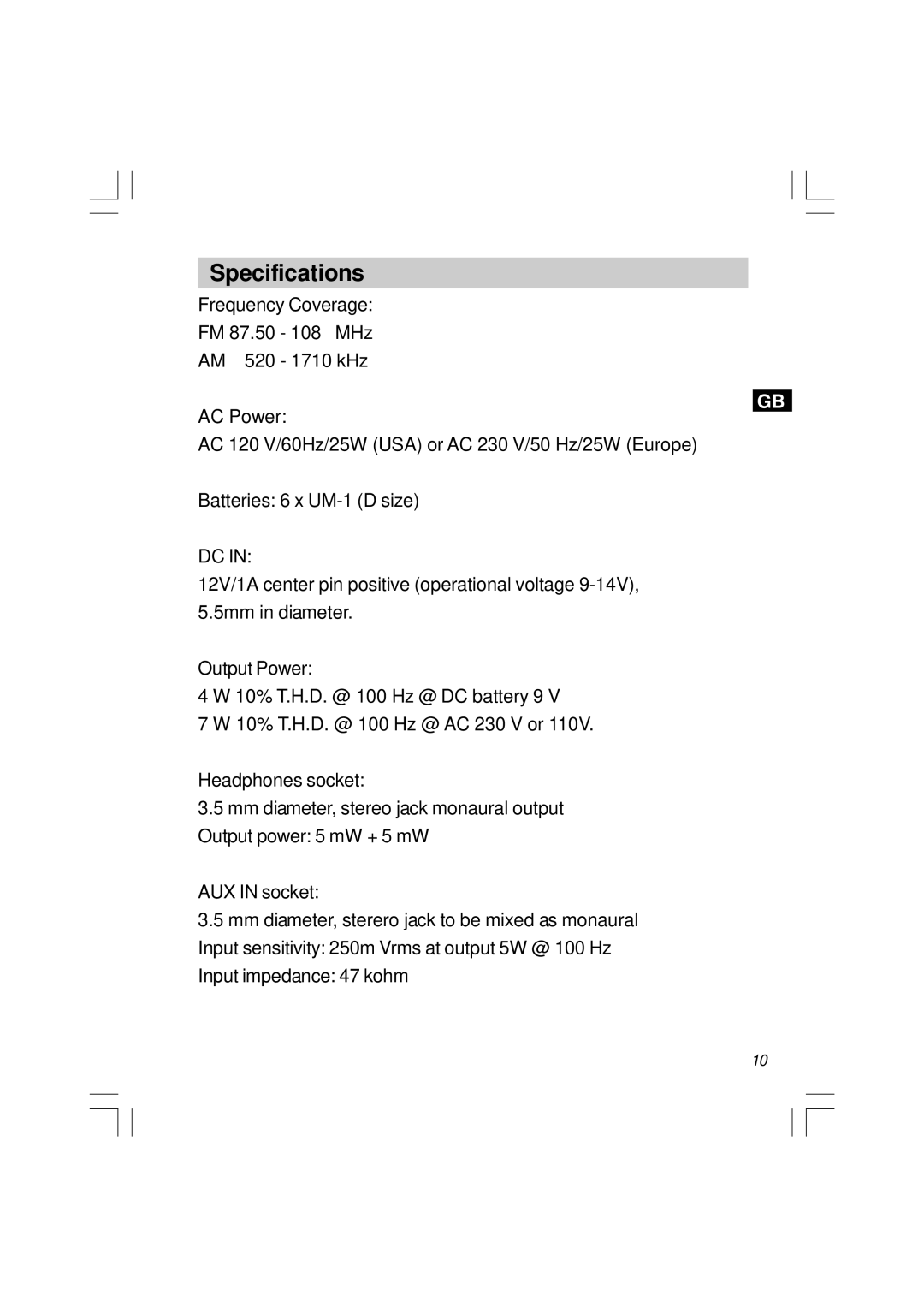 Sangean Electronics U1 user service Specifications 