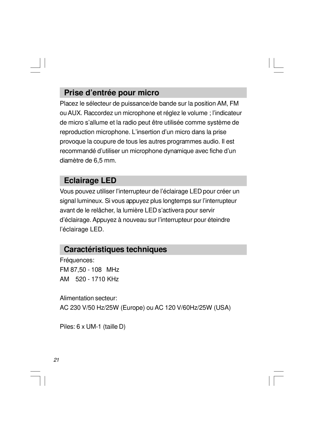 Sangean Electronics U1 user service Prise d’entrée pour micro, Eclairage LED, Caractéristiques techniques 