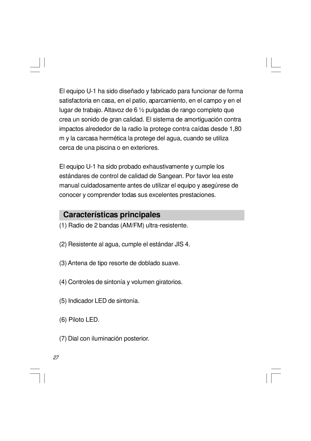 Sangean Electronics U1 user service Características principales 