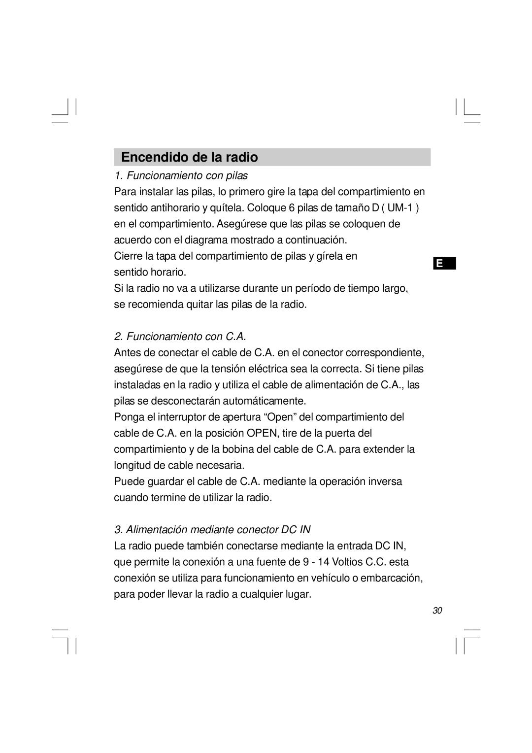 Sangean Electronics U1 user service Encendido de la radio, Funcionamiento con pilas 