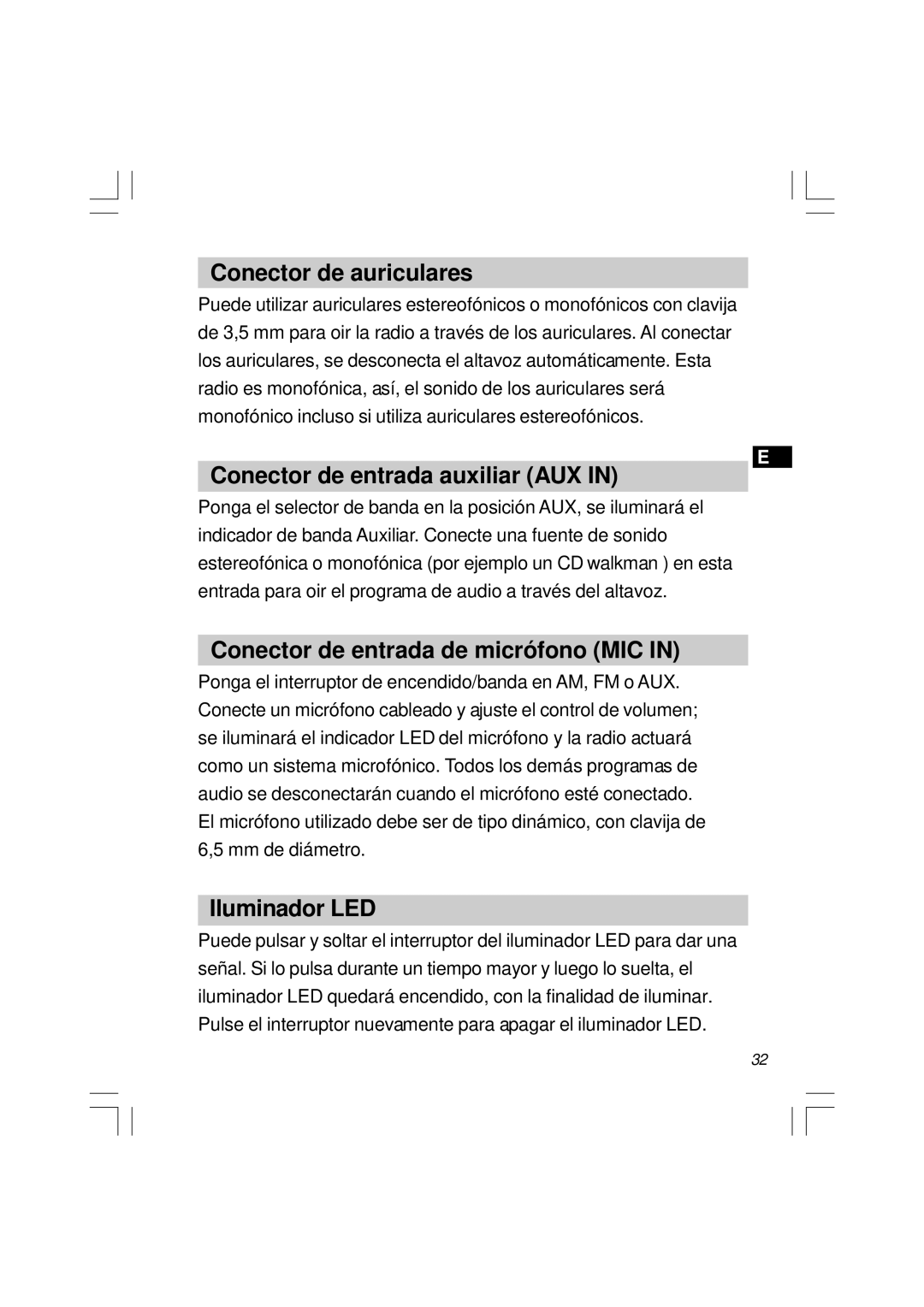 Sangean Electronics U1 Conector de auriculares, Conector de entrada auxiliar AUX, Conector de entrada de micrófono MIC 