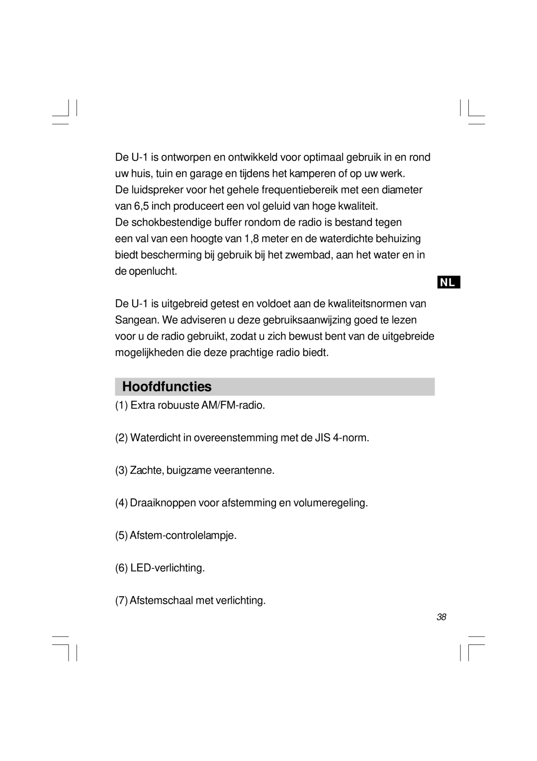 Sangean Electronics U1 user service Hoofdfuncties 