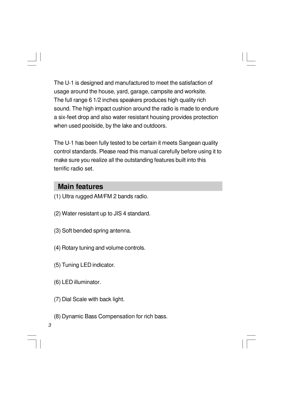 Sangean Electronics U1 user service Main features 