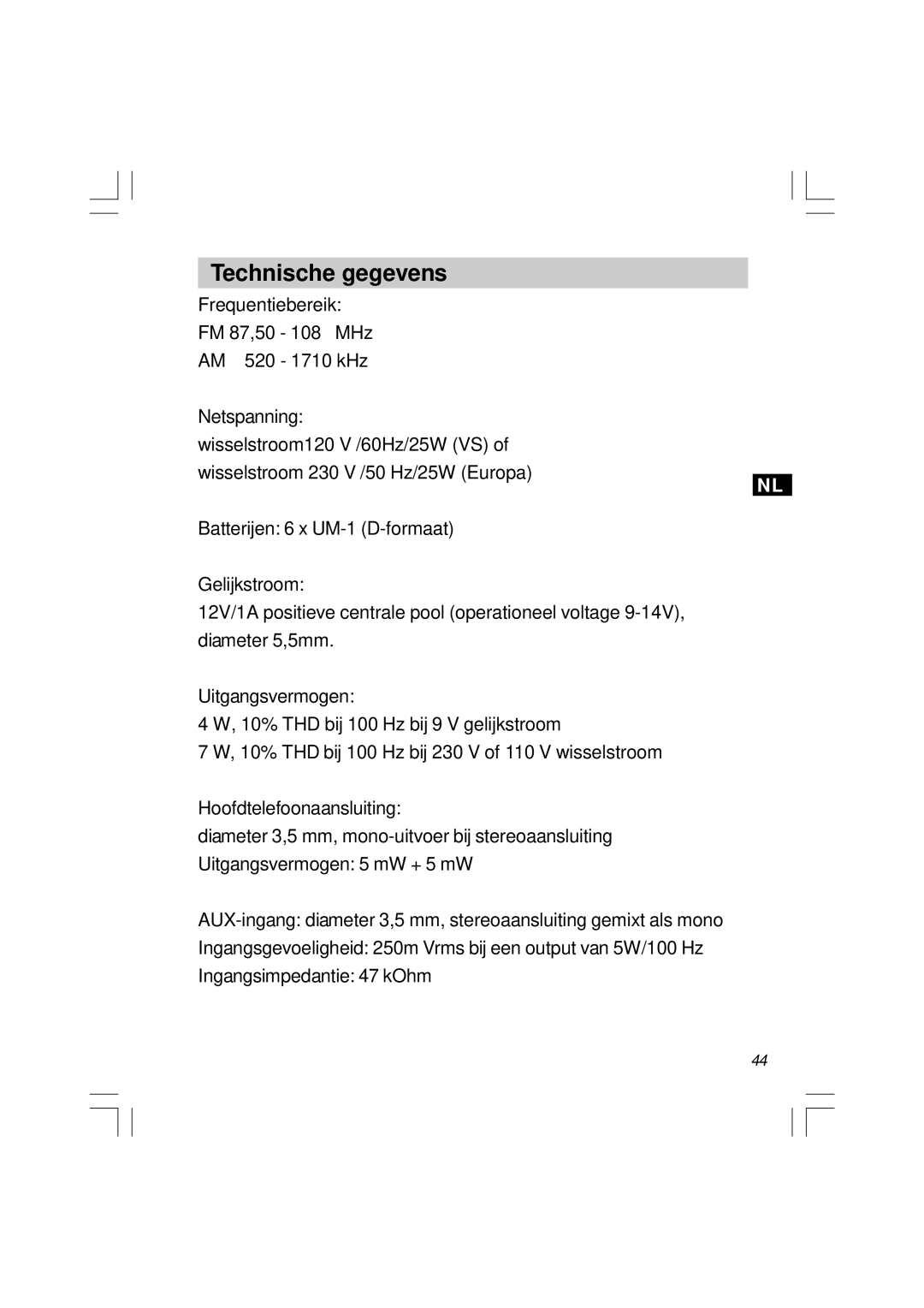 Sangean Electronics U1 user service Technische gegevens 