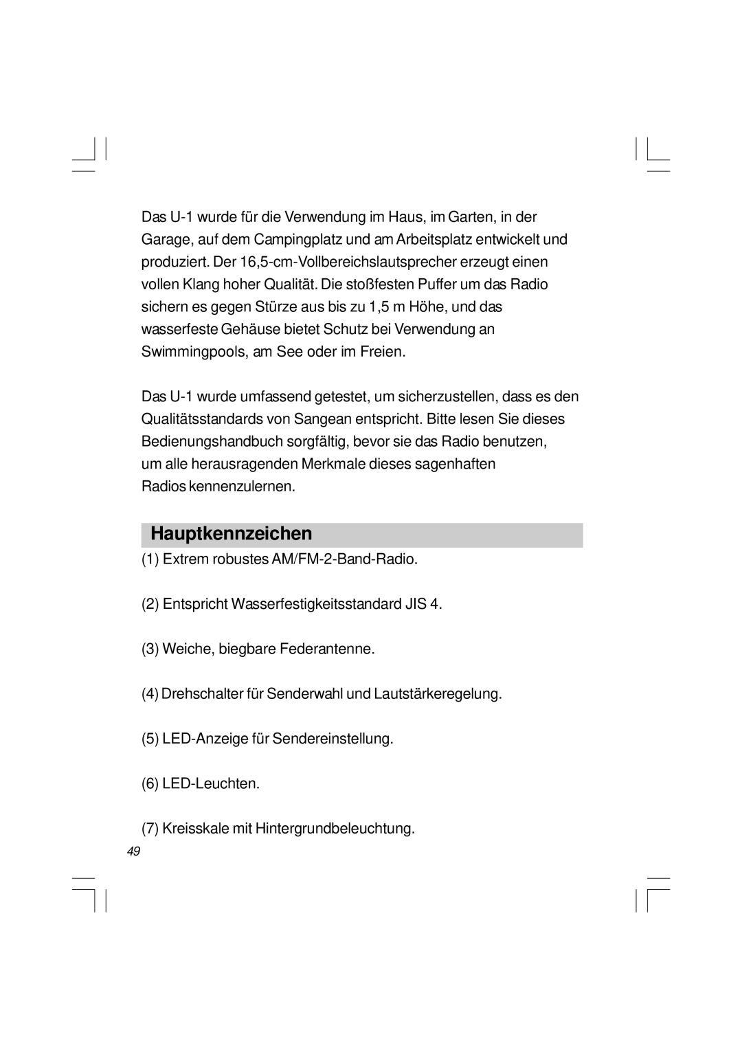 Sangean Electronics U1 user service Hauptkennzeichen 