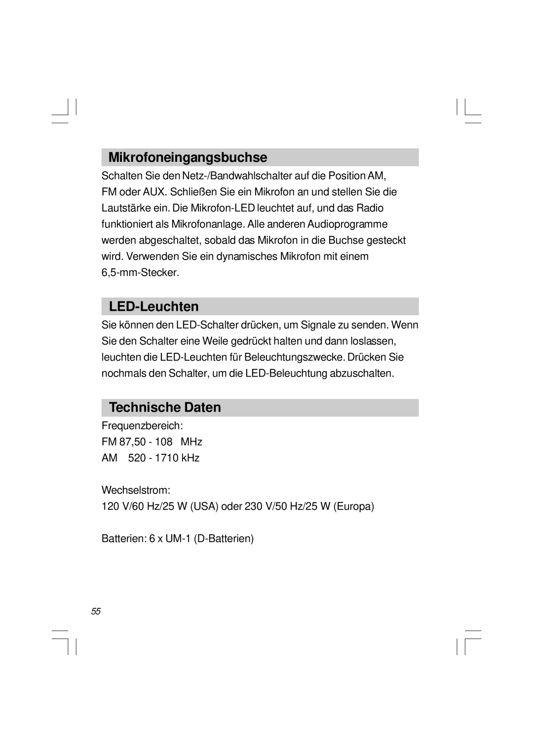 Sangean Electronics U1 user service Mikrofoneingangsbuchse, LED-Leuchten, Technische Daten 