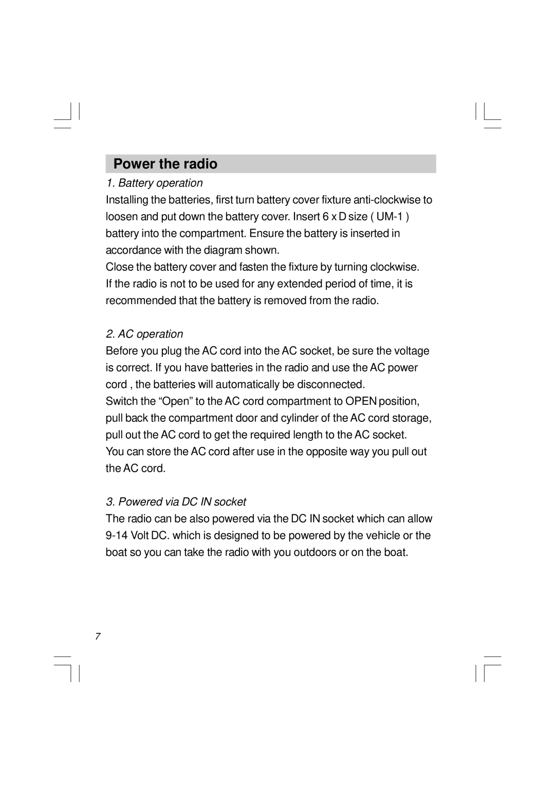 Sangean Electronics U1 user service Power the radio, Battery operation 