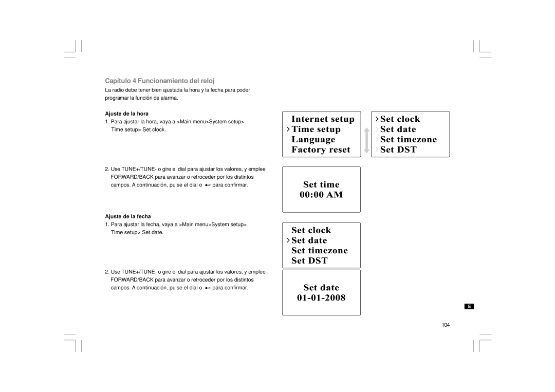 Sangean Electronics WFR-1 manual Capítulo 4 Funcionamiento del reloj, Ajuste de la hora, Ajuste de la fecha 