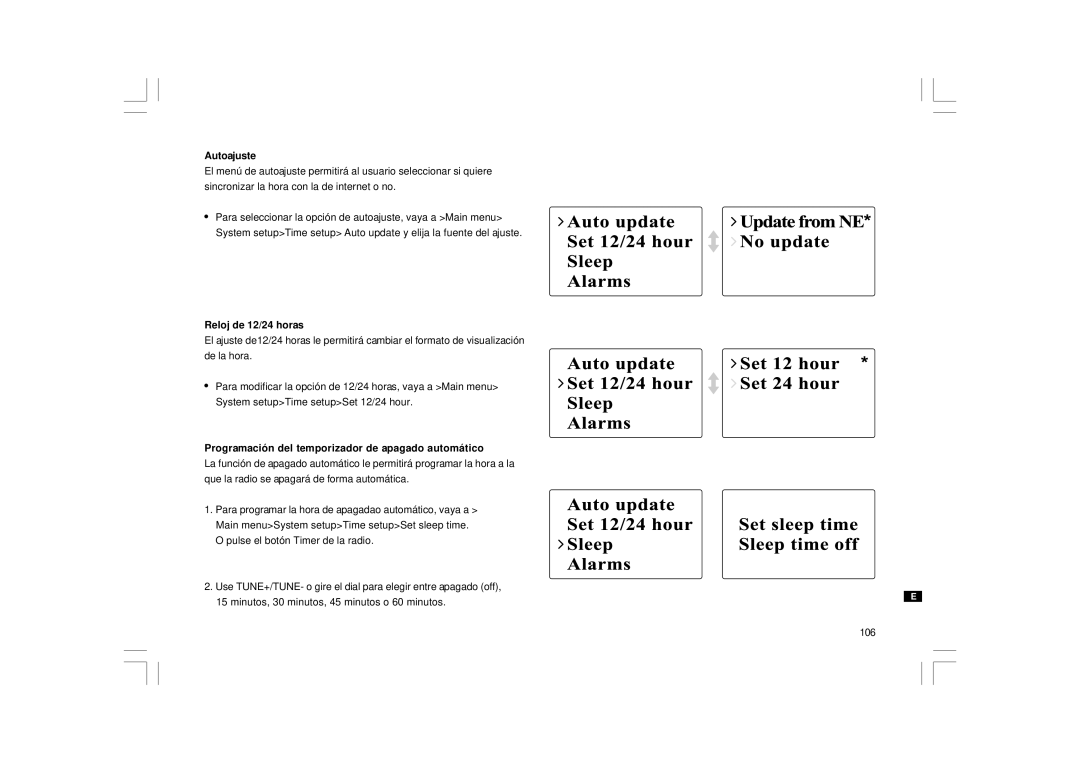 Sangean Electronics WFR-1 manual Autoajuste, Reloj de 12/24 horas, Programación del temporizador de apagado automático 