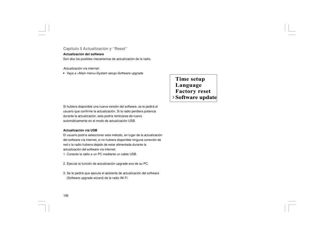 Sangean Electronics WFR-1 manual Capítulo 5 Actualización y Reset, Actualización del software, Actualización vía USB 