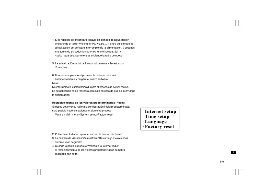 Sangean Electronics WFR-1 manual Restablecimiento de los valores predeterminados Reset 