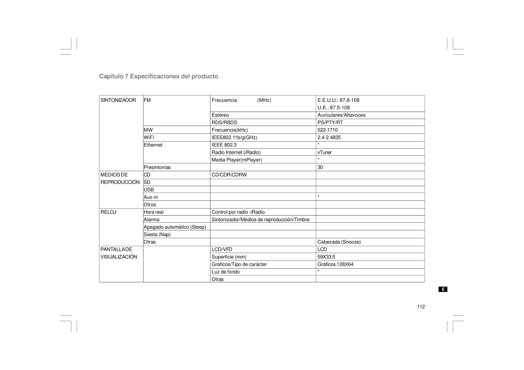 Sangean Electronics WFR-1 Capítulo 7 Especificaciones del producto, Sintonizador, Medios DE CD/CDR/CDRW Reproducción USB 