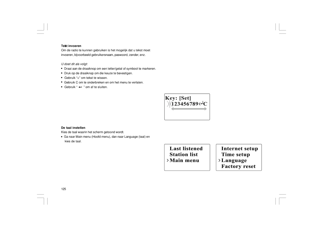 Sangean Electronics WFR-1 manual Tekst invoeren, Doet dit als volgt, De taal instellen 