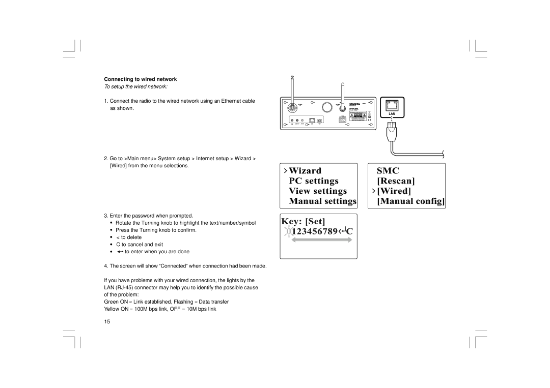 Sangean Electronics WFR-1 manual Connecting to wired network, To setup the wired network 