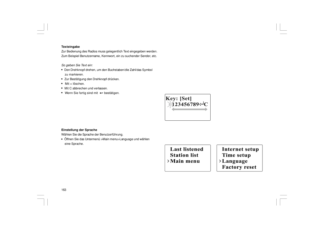 Sangean Electronics WFR-1 manual Texteingabe, Einstellung der Sprache 