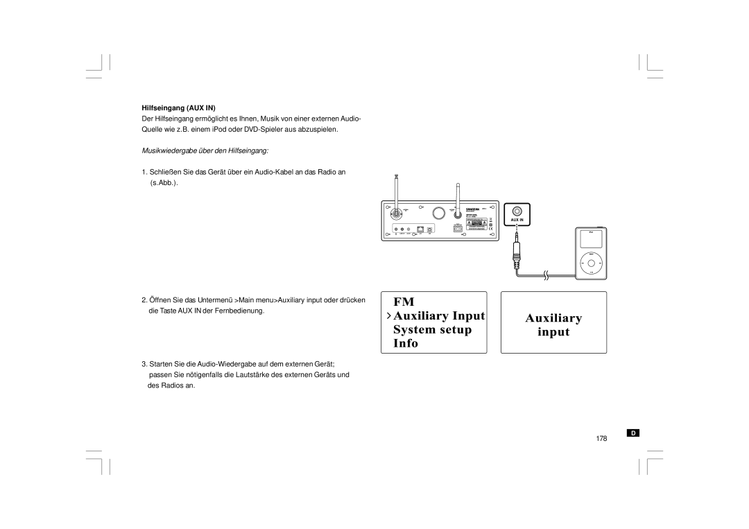 Sangean Electronics WFR-1 manual Hilfseingang AUX, Musikwiedergabe über den Hilfseingang 