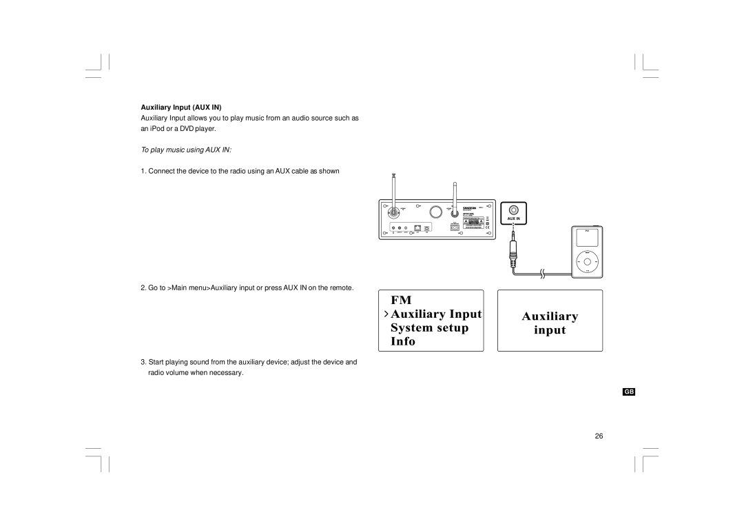 Sangean Electronics WFR-1 manual Auxiliary Input AUX, To play music using AUX 