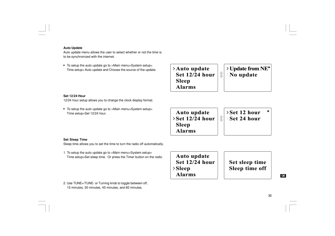 Sangean Electronics WFR-1 manual Auto Update, Set 12/24 Hour, Set Sleep Time 