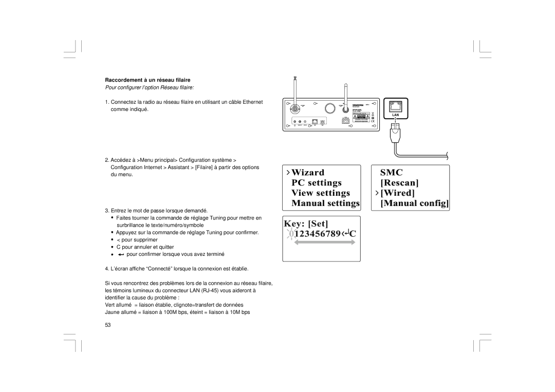 Sangean Electronics WFR-1 manual Raccordement à un réseau filaire, Pour configurer l’option Réseau filaire 