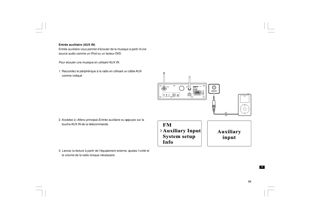 Sangean Electronics WFR-1 manual Entrée auxiliaire AUX, Pour écouter une musique en utilisant AUX 