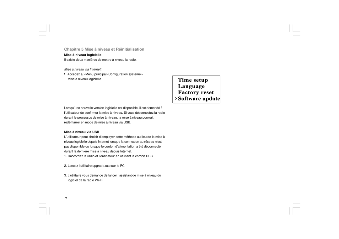 Sangean Electronics WFR-1 Chapitre 5 Mise à niveau et Réinitialisation, Mise à niveau logicielle, Mise à niveau via USB 