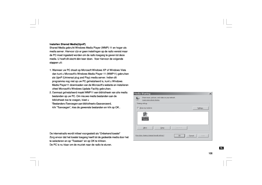 Sangean Electronics WFT-1 user manual Instellen Shared MediaUpnP 