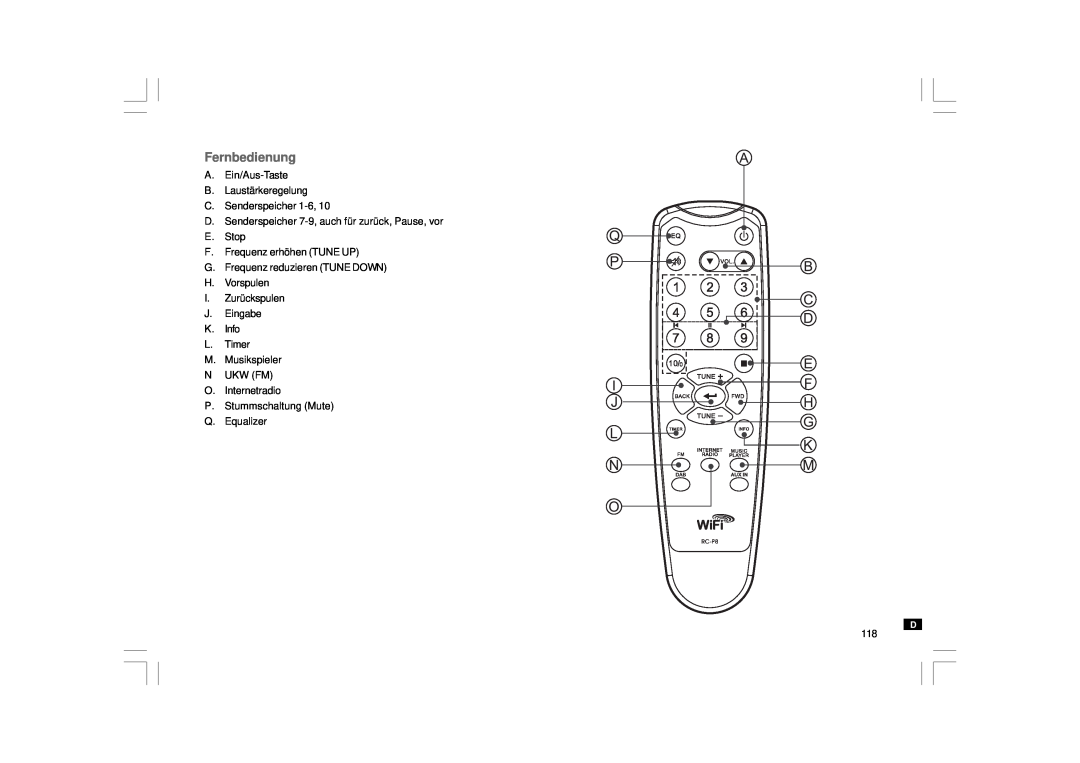 Sangean Electronics WFT-1 user manual Fernbedienung, A. Ein/Aus-Taste B. Laustärkeregelung C. Senderspeicher, Q. Equalizer 