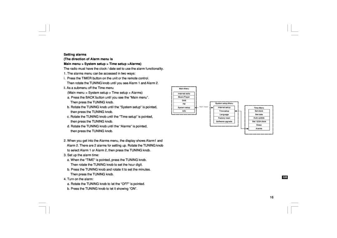 Sangean Electronics WFT-1 Setting alarms The direction of Alarm menu is, Main menu System setup Time setup Alarms 