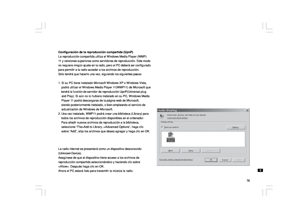 Sangean Electronics WFT-1 user manual Configuración de la reproducción compartida UpnP 