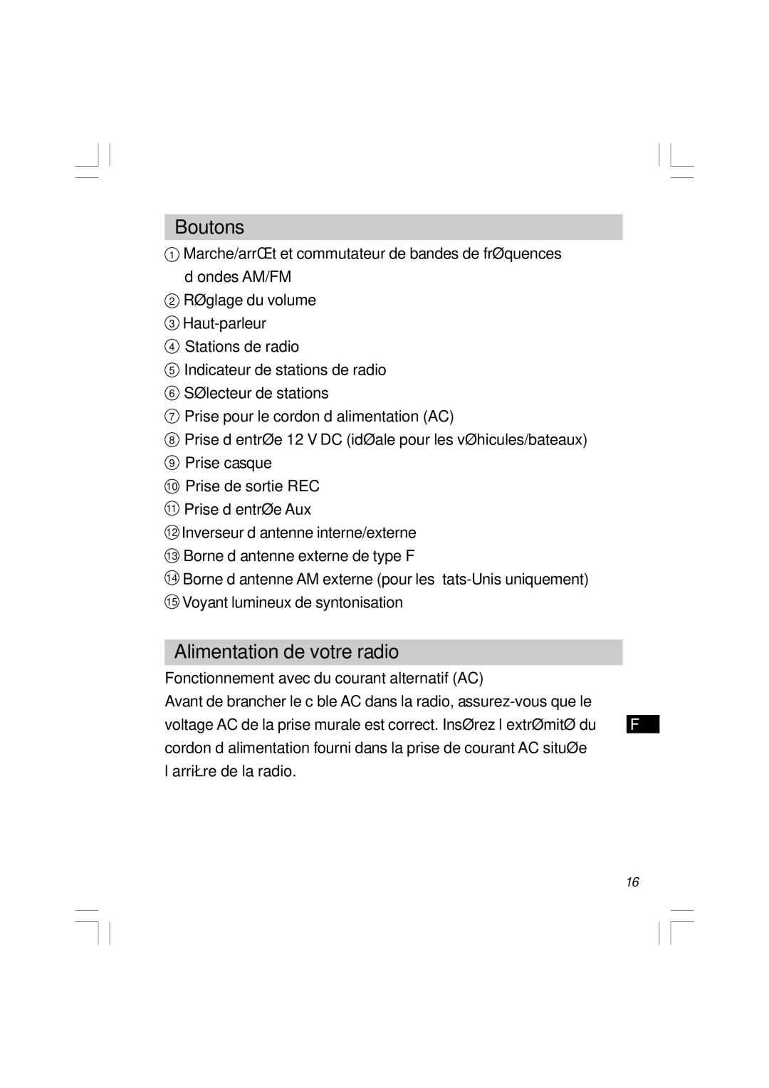 Sangean Electronics WR-11 manual Boutons, Alimentation de votre radio, Fonctionnement avec du courant alternatif AC 