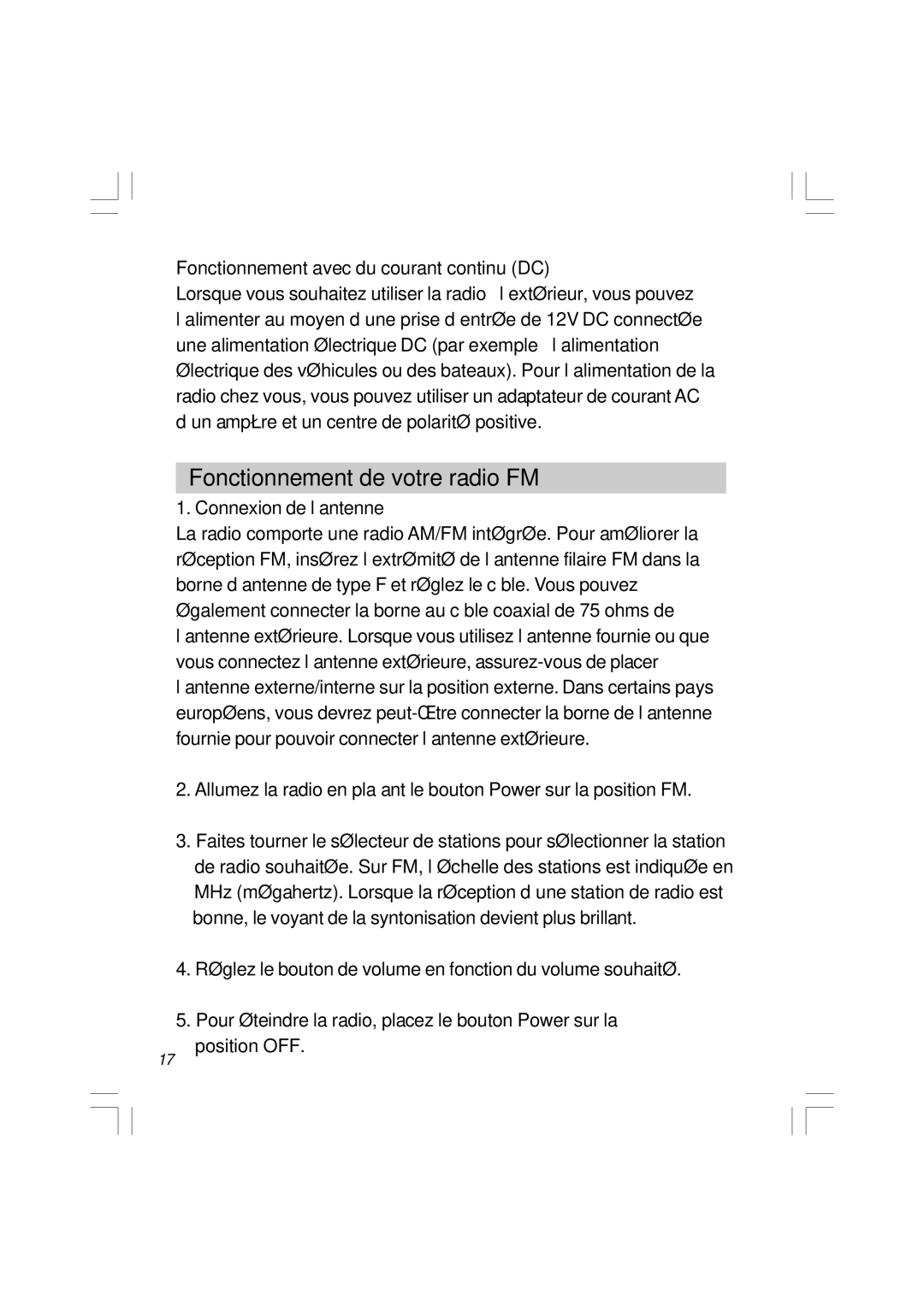 Sangean Electronics WR-11 manual Fonctionnement de votre radio FM, Fonctionnement avec du courant continu DC 