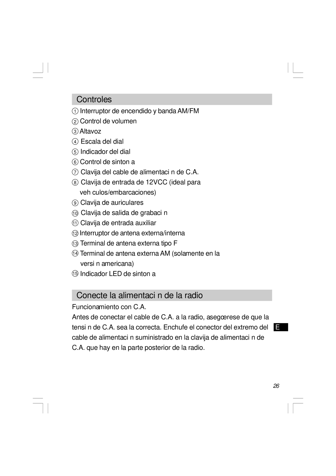 Sangean Electronics WR-11 manual Controles, Conecte la alimentación de la radio, Funcionamiento con C.A 