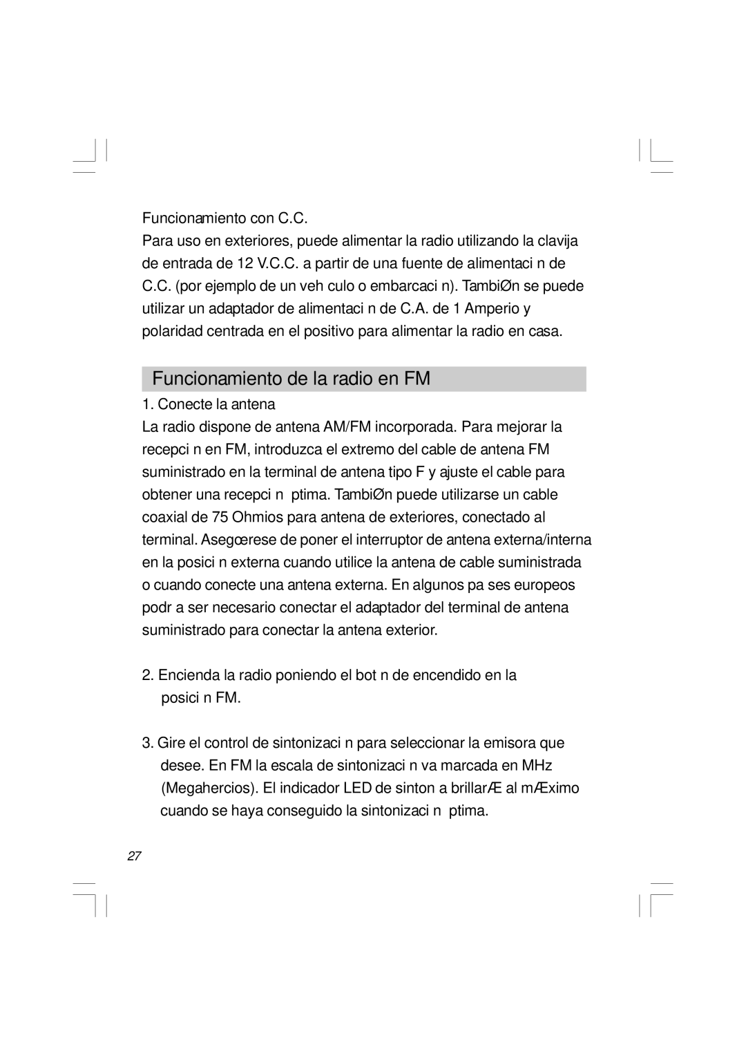 Sangean Electronics WR-11 manual Funcionamiento de la radio en FM, Funcionamiento con C.C 