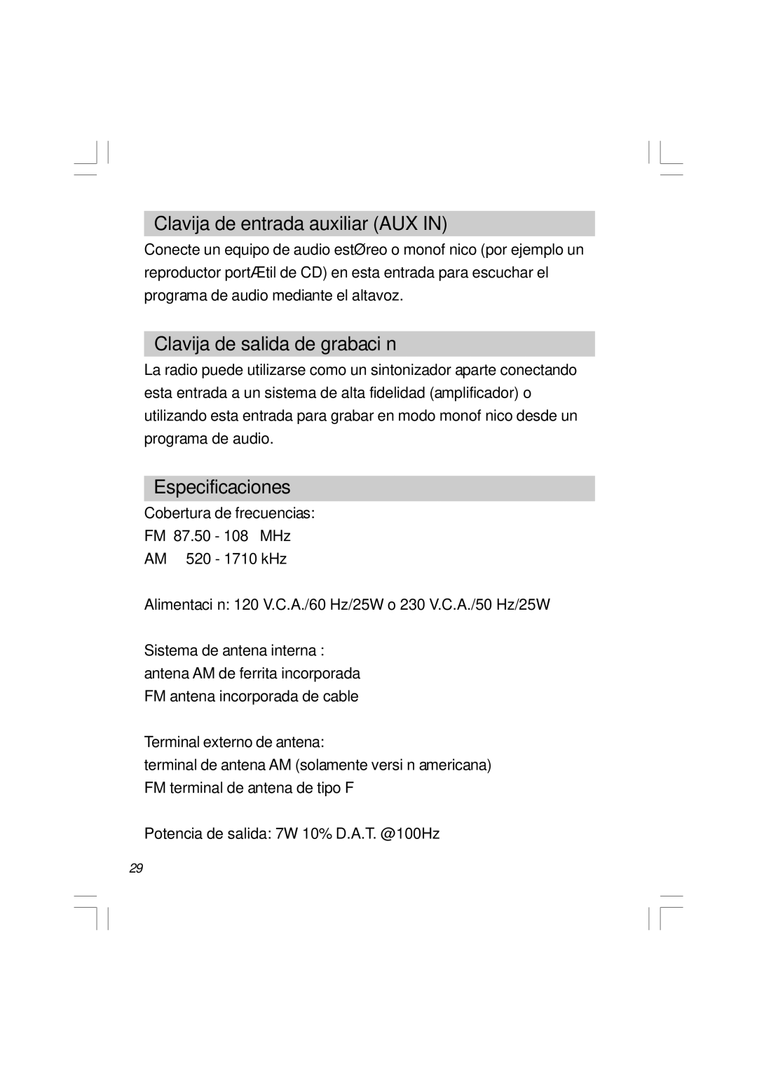 Sangean Electronics WR-11 manual Clavija de entrada auxiliar AUX, Clavija de salida de grabación, Especificaciones 