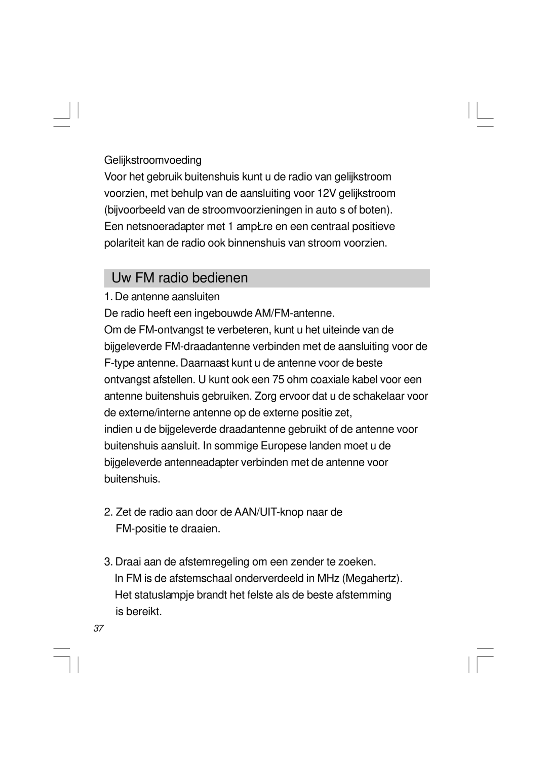 Sangean Electronics WR-11 manual Uw FM radio bedienen, Gelijkstroomvoeding 