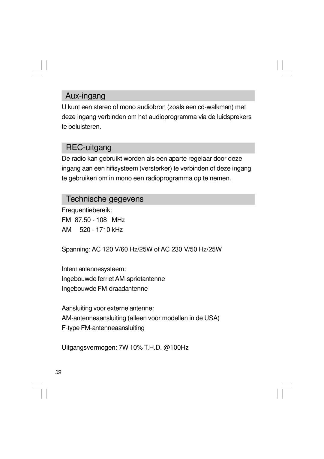 Sangean Electronics WR-11 manual Aux-ingang, REC-uitgang, Technische gegevens 