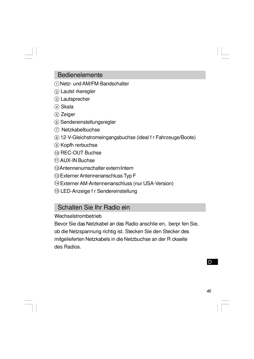 Sangean Electronics WR-11 manual Bedienelemente, Schalten Sie Ihr Radio ein, Wechselstrombetrieb 