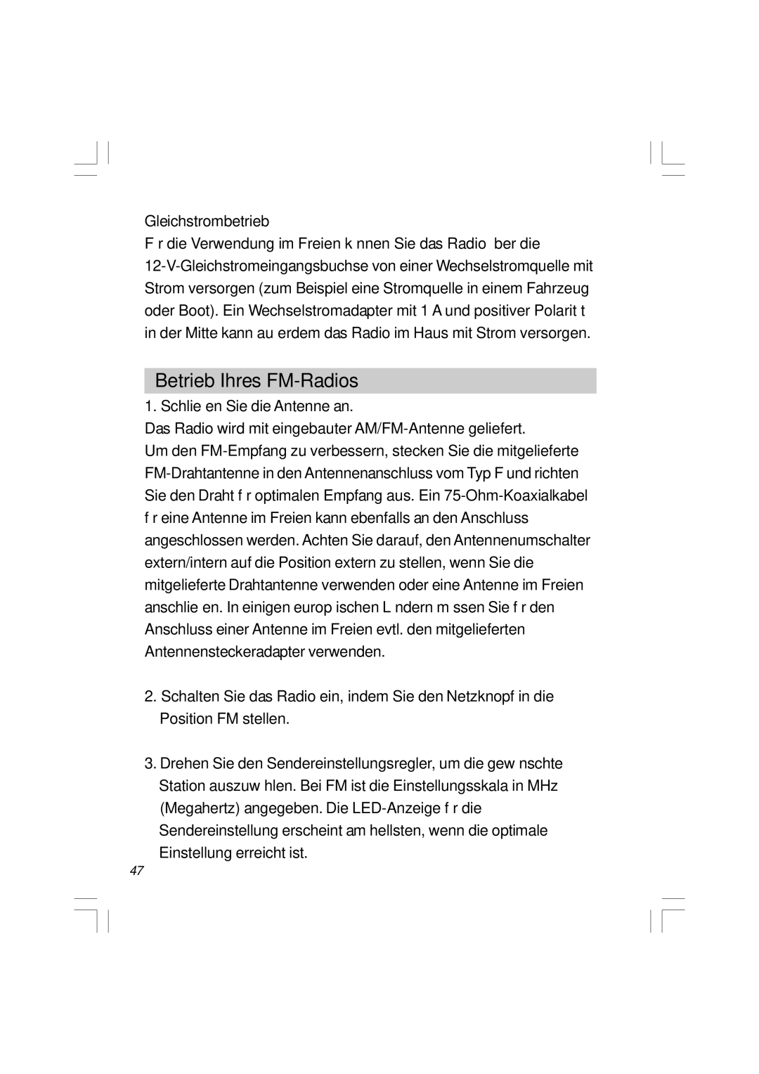 Sangean Electronics WR-11 manual Betrieb Ihres FM-Radios, Gleichstrombetrieb 