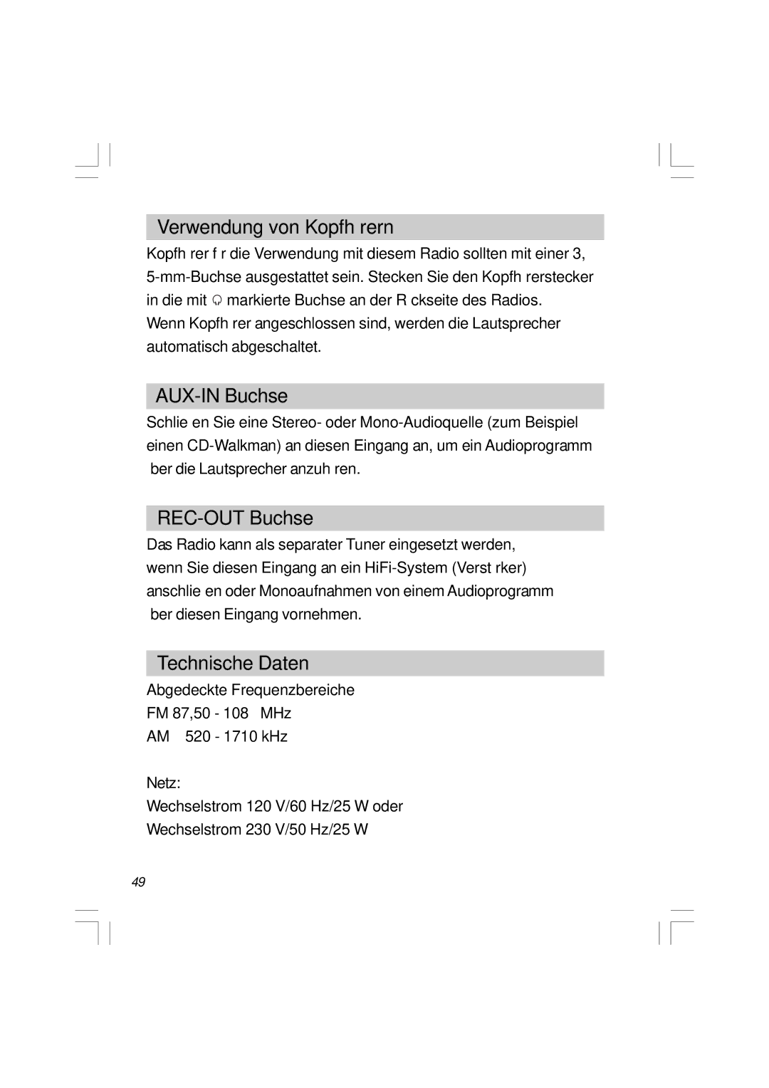 Sangean Electronics WR-11 manual Verwendung von Kopfhörern, AUX-IN Buchse, REC-OUT Buchse, Technische Daten 